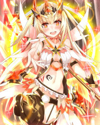 Rule 34 | 1girl, :d, absurdres, black thighhighs, blonde hair, blush, falkyrie no monshou, garter straps, headgear, highres, long hair, navel, official art, open mouth, orange eyes, outstretched hand, smile, solo, takanashie, thighhighs, valkyrie no monshou, wings