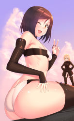 Rule 34 | 2girls, a9b (louis814), absurdres, ass, black thighhighs, blonde hair, blush, breasts, brown hair, butt crack, green eyes, hands on own hips, heinrike prinzessin zu sayn-wittgenstein, highres, kuroda kunika, long hair, looking at viewer, military, military uniform, multiple girls, one eye closed, open mouth, outdoors, panties, shiny skin, short hair, sky, small breasts, smile, thighhighs, underwear, uniform, v, wedgie, white panties, world witches series