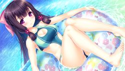 Rule 34 | 1girl, afloat, bare arms, bare shoulders, barefoot, black hair, blunt bangs, blush, bow, breasts, casual one-piece swimsuit, cleavage, cleavage cutout, closed mouth, clothing cutout, collarbone, day, dutch angle, feet, freckles, game cg, green one-piece swimsuit, hair bow, innertube, knees up, long hair, looking at viewer, medium breasts, ocean, one-piece swimsuit, outdoors, pink bow, purple eyes, sakurako (tropical liquor), sayori (neko works), shiny skin, sidelocks, sitting, smile, solo, straight hair, swim ring, swimsuit, tareme, toes, tropical liquor, very long hair, water