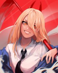 Rule 34 | 1girl, black necktie, blonde hair, blue jacket, chainsaw man, collared shirt, commentary, english commentary, highres, horns, jacket, necktie, noush, off shoulder, over shoulder, portrait, power (chainsaw man), red eyes, scythe, shirt, smile, smoke, solo, v-shaped eyebrows, weapon, weapon over shoulder, white shirt