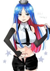 Rule 34 | 1girl, absurdres, asymmetrical legwear, black pantyhose, black shorts, blue hair, breasts, commentary request, cowboy shot, crop top, dress shirt, headgear, highres, kantai collection, large breasts, long hair, looking at viewer, midriff, multicolored hair, one-hour drawing challenge, open fly, pantyhose, red hair, romaji text, shirt, short shorts, shorts, simple background, sleeveless, sleeveless shirt, solo, south dakota (kancolle), star (symbol), starry background, tongue, tongue out, toriniku senshi chikinman, uneven legwear, white background, white hair, white shirt
