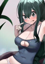 Rule 34 | 1girl, absurdres, armpits, asui tsuyu, bare shoulders, black camisole, blush, boku no hero academia, breasts, camisole, chest cutout, cleavage, closed mouth, collarbone, commentary request, covered navel, crossed bangs, finger to mouth, green eyes, green hair, hair between eyes, hair over shoulder, head tilt, highres, large breasts, looking at viewer, panties, sitting, solo, thighs, tongue, tongue out, underwear, white panties, zd (pixiv6210083)