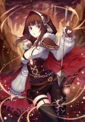 Rule 34 | 1girl, arrow (projectile), black thighhighs, blush, bow (weapon), breasts, brown hair, cleavage, corset, highres, holding, holding arrow, holding bow (weapon), holding weapon, kimsw0522, large breasts, looking at viewer, medium hair, original, parted lips, red eyes, solo, thighhighs, weapon