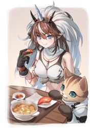 Rule 34 | 1girl, arknights, bare shoulders, black gloves, blue eyes, bowl, breasts, brown hair, cat, closed mouth, fake horns, felyne, fish (food), food, gloves, highres, holding, holding food, horns, kirin (armor), kirin r yato (arknights), large breasts, long hair, midriff, monster hunter (series), multicolored hair, nigirizushi, open mouth, plate, pointy ears, smile, sushi, table, tanagawa makoto, terra research commission (arknights), yato (arknights)