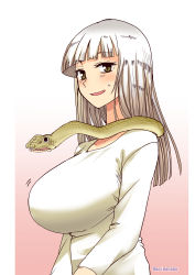 Rule 34 | 1girl, aoi manabu, blush, breasts, brown eyes, collarbone, hakudou yayoi, highres, hoshi no samidare, huge breasts, long hair, looking at viewer, open mouth, shea moon, simple background, smile, snake, solo, sweatdrop, white hair
