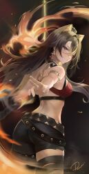 Rule 34 | 1girl, armlet, ass, bare shoulders, black hair, blue eyes, blush, breasts, closed mouth, commentary, crossed bangs, dehya (genshin impact), fire, fire, from behind, genshin impact, hair between eyes, highres, large breasts, long hair, looking at viewer, looking back, preview (preview0), signature, solo, symbol-only commentary, thighs