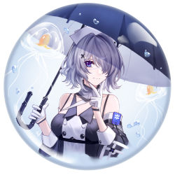Rule 34 | 1girl, absurdres, arknights, bad id, bad pixiv id, bare shoulders, blue eyes, blue umbrella, breasts, commentary, gloves, grey hair, hair over one eye, hand up, highres, holding, holding umbrella, jellyfish, kirby d a, long sleeves, looking at viewer, medium breasts, short hair, smile, solo, umbrella, upper body, whisperain (arknights), white gloves, white headwear