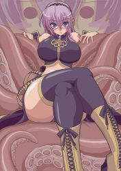 Rule 34 | 1girl, blue eyes, blush, breasts, cross-laced footwear, great magami, headphones, huge breasts, large breasts, legs, crossed legs, long legs, megurine luka, midriff, octopus, pink hair, sitting, skirt, smile, solo, takoluka, tentacles, thick thighs, thighhighs, thighs, vocaloid, zettai ryouiki