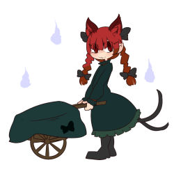 Rule 34 | 1girl, :3, animal ear fluff, animal ears, black bow, black footwear, blackbad, blue fire, boots, bow, braid, cat ears, cat tail, closed mouth, dress, extra ears, eyes visible through hair, fire, from side, full body, green dress, hair between eyes, hair bow, hair ribbon, hitodama, holding, kaenbyou rin, looking at viewer, multiple tails, nekomata, pointy ears, red eyes, red hair, ribbon, simple background, smile, solo, standing, tail, touhou, tress ribbon, twin braids, twintails, two tails, wheelbarrow, white background