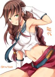 Rule 34 | 10s, 1girl, arm support, armpits, bare shoulders, braid, breasts, brown hair, crop top, elbow gloves, gloves, green eyes, highres, ichikawa feesu, kantai collection, looking at viewer, midriff, neckerchief, noshiro (kancolle), pleated skirt, red skirt, sailor collar, school uniform, serafuku, shirt, simple background, sitting, skirt, sleeveless, sleeveless shirt, solo, twin braids, twitter username, white background, white gloves