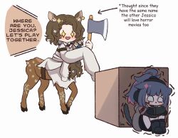 Rule 34 | + +, 2girls, :x, animal ears, arknights, arm belt, axe, belt, black footwear, black hair, black shirt, black shorts, black socks, blush, boots, box, brown hair, cat ears, cat girl, cat tail, centauroid, jessica (reverse:1999), commentary, crossover, crying, crying with eyes open, deer ears, deer tail, ear protection, ear tag, english commentary, english text, flower, full body, gloves, grey jacket, hair flower, hair ornament, hair over shoulder, headset, hiding, highres, holding, holding axe, hooves, hugging own legs, imma artsu, implied extra ears, jacket, jessica (arknights), knee boots, kneehighs, long hair, long sleeves, multiple girls, name connection, o o, open clothes, open mouth, parted bangs, ponytail, reverse:1999, shirt, shorts, sidelocks, signature, simple background, sitting, sleeves past fingers, sleeves past wrists, smile, socks, standing, tail, taur, tears, trembling, white background, white flower, white shirt