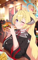 Rule 34 | 1girl, absurdres, ahoge, akari (blue archive), blonde hair, blue archive, blue eyes, blue halo, blurry, blurry background, blush, braid, braided bangs, breasts, burger, closed mouth, ddalrim, food, food in mouth, hair between eyes, halo, highres, horns, indoors, large breasts, long hair, long sleeves, neck ribbon, one eye closed, restaurant, ribbon, sitting, smile, solo, upper body, very long hair