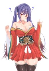 Rule 34 | 1girl, ?, azur lane, bare shoulders, blue hair, breasts, cleavage, cosplay, cowboy shot, essex (azur lane), japanese clothes, kimono, shaka hei, simple background, taihou (azur lane), taihou (azur lane) (cosplay), thighhighs, twintails, white background