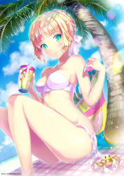 Rule 34 | 1girl, ahoge, alternate costume, animal, artist name, artoria pendragon (all), artoria pendragon (fate), assisted exposure, bad id, bad pixiv id, bare arms, bare shoulders, beach, bendy straw, bikini, blanket, blonde hair, blush, braid, breasts, closed mouth, cloud, crab, cup, day, drinking straw, eyebrows, fate/stay night, fate (series), from below, from side, green eyes, hair ribbon, holding, knees up, lens flare, looking at viewer, looking down, medium breasts, ocean, outdoors, palm tree, pecorin, pink lips, plaid, ribbon, saber (fate), sand, side-tie bikini bottom, sidelocks, sitting, sky, sparkle, star (symbol), star print, strapless, summer, swimsuit, towel, tree, under tree, untying, watermark, web address, white bikini, white ribbon