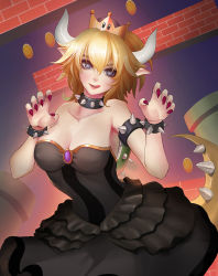Rule 34 | 1girl, armlet, bare shoulders, black collar, black dress, blonde hair, blue eyes, blush, bowsette, bracelet, breasts, cleavage, collar, collarbone, crown, dress, earrings, highres, horns, jewelry, large breasts, long hair, looking at viewer, mario (series), monster girl, neck, new super mario bros. u deluxe, nintendo, pointy ears, spiked armlet, spiked bracelet, spiked collar, spiked shell, spikes, strapless, strapless dress, super crown, tongue, tongue out, turtle shell, white horns