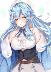 Rule 34 | 1girl, :p, ahoge, bare shoulders, belt, beret, blue bow, blue coat, blue hair, blush, bow, braid, breasts, brown belt, cleavage, cleavage cutout, clothing cutout, coat, commentary request, corset, elf, flower, fur-trimmed coat, fur trim, hair between eyes, hair flower, hair ornament, half updo, hat, highres, hololive, large breasts, long hair, long sleeves, looking at viewer, miyagi ratona, off shoulder, pointy ears, shirt, skirt, snowflake print, solo, tongue, tongue out, underbust, virtual youtuber, white hat, white shirt, white skirt, yellow eyes, yukihana lamy