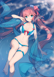 Rule 34 | 1girl, ahoge, armpits, bare arms, bare shoulders, barefoot, bikini, bison cangshu, blue eyes, breasts, collarbone, floating, front-tie bikini top, front-tie top, hat, long hair, looking at viewer, lying, medium breasts, navel, on back, pink hair, sailor hat, shawl, smile, solo, stomach, swimsuit, taihou (warship girls r), thighs, tilted headwear, twintails, very long hair, warship girls r, water, white bikini, white hat