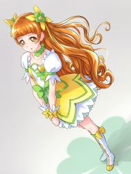 Rule 34 | 1girl, alternate hairstyle, boots, bow, brooch, brown eyes, brown hair, chocokin, choker, clip studio paint (medium), clover, collarbone, cure rosetta, dokidoki! precure, dress, flower, from above, gradient background, green choker, grey background, hair flower, hair ornament, heart, heart brooch, highres, jewelry, long hair, looking at viewer, looking up, open mouth, precure, puffy short sleeves, puffy sleeves, short sleeves, solo, waist bow, white dress, white footwear, wrist cuffs, yellow dress, yotsuba alice