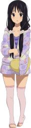 Rule 34 | 1girl, absurdres, akiyama mio, barefoot, black eyes, black hair, blush, feet, heart, highres, hime cut, k-on!, long hair, long image, looking at viewer, no shoes, official art, open mouth, pajamas, pillow, smile, socks, solo, tall image, toeless legwear, toes, transparent background