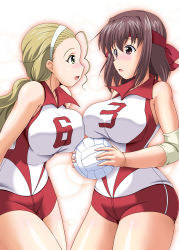 Rule 34 | 10s, 2girls, arms behind back, ball, bare shoulders, blonde hair, blush, breast press, breasts, brown eyes, brown hair, eye contact, girls und panzer, green eyes, gym uniform, hair slicked back, hairband, headband, highres, holding, holding ball, kondou taeko, large breasts, long hair, looking at another, multiple girls, open mouth, red ribbon, red shorts, ribbon, sasaki akebi, shirt, short hair, short shorts, shorts, sleeveless, sleeveless shirt, sportswear, symmetrical docking, thighs, volleyball, volleyball (object), volleyball uniform, yohinori