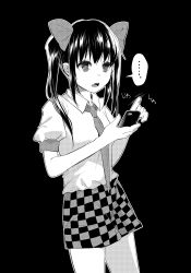 Rule 34 | ..., 1girl, :o, absurdres, bad id, bad twitter id, bare arms, breasts, cellphone, checkered clothes, checkered skirt, chestnut mouth, collared shirt, cowboy shot, facing away, greyscale, hair between eyes, hair ribbon, hata-tan (rui (hershe)), highres, himekaidou hatate, holding, holding phone, long hair, looking away, miniskirt, monochrome, motion lines, necktie, open mouth, outline, phone, puffy short sleeves, puffy sleeves, ribbon, shiori (moechin), shirt, short sleeves, sidelocks, skirt, small breasts, smartphone, solo, speech bubble, spoken ellipsis, standing, straight hair, tareme, text focus, touhou, twintails, white outline