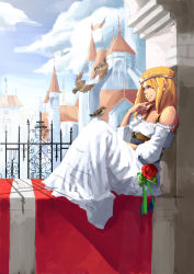 Rule 34 | 1girl, bad id, bad pixiv id, bare shoulders, bird, blonde hair, building, castle, cloud, day, dress, female focus, fence, flower, highres, outdoors, plant, rose, sho (gohan), sitting, sky, solo, sparrow, sunlight, tiara, white dress, window
