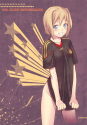 Rule 34 | 10s, 1girl, 2010, 2010 fifa world cup, adidas, androgynous, bad id, bad pixiv id, blonde hair, blue eyes, blush, bottomless, covering privates, covering crotch, erica hartmann, female focus, flat chest, german text, germany, grin, happy, kaida bola, looking at viewer, naughty face, no panties, no pants, reverse trap, shirt, shirt tug, shooting star, short hair, smile, soccer, soccer uniform, solo, sportswear, standing, star (symbol), strike witches, teeth, text focus, translated, world cup, world witches series