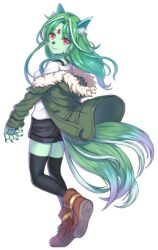 Rule 34 | 1girl, animal ears, animal hands, animal nose, artist request, black shorts, black thighhighs, black undershirt, brown footwear, cholan (monster musume), claws, colored skin, full body, fur-trimmed jacket, fur trim, game cg, green hair, green jacket, green skin, green tail, hood, hood down, jacket, lips, long hair, looking at viewer, monster musume no iru nichijou, monster musume no iru nichijou online, official art, red eyes, shirt, shoes, shorts, tachi-e, tail, thighhighs, transparent background, whiskers, white shirt