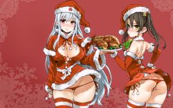 Rule 34 | 10s, 2girls, asanagi, ass, bare shoulders, black hair, blush, breasts, brown eyes, butt crack, buttons, capelet, christmas, cleavage, covered erect nipples, detached collar, elbow gloves, female focus, fingerless gloves, flat ass, food, gloves, hat, highres, kantai collection, large breasts, long hair, looking at viewer, lowleg, lowleg panties, multiple girls, panties, partially visible vulva, plate, red eyes, red gloves, red panties, santa costume, santa hat, shoukaku (kancolle), side-tie panties, silver hair, skindentation, smile, striped clothes, striped legwear, striped thighhighs, thick thighs, thighhighs, thighs, turkey (bird), turkey (food), twintails, underwear, wallpaper, zuikaku (kancolle)