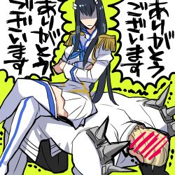 Rule 34 | 10s, 1boy, 1girl, :|, all fours, bad id, bad pixiv id, black hair, blonde hair, boots, closed mouth, crossed arms, epaulettes, gamagoori ira, human furniture, kill la kill, kiryuuin satsuki, crossed legs, lowres, mochiko (japanism), shaded face, sitting, sitting on person, thigh boots, thighhighs, translation request, trembling