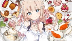Rule 34 | 1girl, :p, bare shoulders, blonde hair, blue eyes, blush, closed mouth, commentary request, cup, dessert, detached collar, dress, flower, food, food request, fork, frills, hair flower, hair ornament, hair ribbon, hairclip, hands up, head tilt, holding, holding plate, indie virtual youtuber, kiya machi, long hair, long sleeves, looking at viewer, pink ribbon, plate, puffy long sleeves, puffy sleeves, ribbon, smile, solo, tea, teacup, teapot, tongue, tongue out, upper body, virtual youtuber, white dress, yukinoshita peo