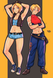 Rule 34 | 2girls, absurdres, belt, blonde hair, blue mary, capcom, crossover, denim, denim shorts, fatal fury, final fight, final fight 3, fingerless gloves, gloves, highres, lucia morgan, multiple girls, shoes, short hair, shorts, sneakers, snk, street fighter, street fighter v, the king of fighters, trait connection