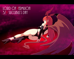 Rule 34 | 1girl, arm support, ass, asymmetrical clothes, back, bare shoulders, chu (chu chu3), demon girl, elbow gloves, female focus, full body, gloves, gradient background, high heels, long hair, looking back, lord of vermilion, pointy ears, red eyes, red hair, shoes, single wing, smile, solo, succubus (lord of vermilion), tail, wallpaper, wings