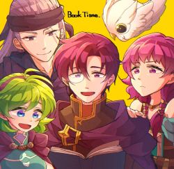 Rule 34 | 2boys, 2girls, bare shoulders, black headband, blue eyes, book, canas, cape, closed mouth, feh (fire emblem heroes), fire emblem, fire emblem: the blazing blade, fire emblem: the sacred stones, fire emblem heroes, green hair, hairband, headband, holding, holding book, hzk (ice17moon), jewelry, legault, long hair, lute (fire emblem), monocle, multiple boys, multiple girls, necklace, nino (fire emblem), nintendo, open book, open mouth, purple eyes, purple hair, purple hairband, scar, scar across eye, scar on face, short hair, simple background, smile, twintails, yellow background