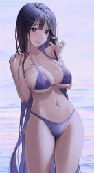 Rule 34 | 1girl, absurdres, bare shoulders, bikini, black hair, blue bikini, blue eyes, blue hair, blurry, blurry background, blush, breasts, cleavage, closed mouth, commentary, cowboy shot, gradient hair, hand in own hair, hand on own chest, highres, large breasts, lips, long hair, looking at viewer, multicolored hair, navel, ocean, original, outdoors, solo, stomach, subong, swimsuit, symbol-only commentary, thighs