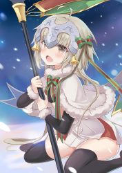 Rule 34 | 1girl, ahoge, bell, black thighhighs, blonde hair, blush, brown eyes, capelet, dress, elbow gloves, fang, fate/grand order, fate (series), fur trim, gloves, green ribbon, hair ribbon, headpiece, highres, holding, holding weapon, jeanne d&#039;arc (fate), jeanne d&#039;arc alter (fate), jeanne d&#039;arc alter santa lily (fate), laizi, lance, long hair, open mouth, polearm, red ribbon, ribbon, short dress, sitting, snow, solo, striped ribbon, thighhighs, wariza, weapon, white dress