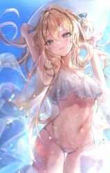 Rule 34 | 1girl, arm up, armpits, bikini, blonde hair, blue eyes, breasts, bubble, cleavage, commission, cowboy shot, day, floating hair, grin, hand up, hat, highres, hisiya (wldn1112), long hair, looking at viewer, mole, mole under eye, multi-strapped bikini, navel, original, outdoors, second-party source, see-through, shawl, small breasts, smile, solo, standing, stomach, string bikini, sun hat, sunlight, swimsuit, thighs, two side up, very long hair, wet, white bikini, white hat