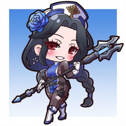 1girl absurdres black_hair blue_flower blue_hair blue_rose blush bodysuit boots braid breasts brown_bodysuit chibi commentary_request cross cross_earrings earrings flower fold-over_boots forehead full_body goddess_of_victory:_nikke hair_flower hair_ornament hat highres holding holding_weapon jewelry large_breasts long_hair looking_at_viewer maiden_(nikke) parted_bangs red_eyes rose saishosaisekojo single_braid smile solo standing tabard torn_bodysuit torn_clothes very_long_hair weapon weapon_request white_footwear white_hat