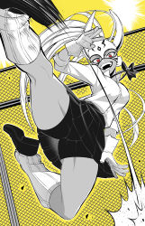 Rule 34 | 1girl, :d, absurdres, black footwear, black shorts, boku no hero academia, bow, bowtie, breasts, chain-link fence, dark-skinned female, dark skin, fence, flying kick, gloves, greyscale with colored background, highres, kicking, koyap, long eyelashes, long hair, looking at viewer, loose socks, luchador mask, medium breasts, midair, mirko, open mouth, pleated skirt, ponytail, rabbit girl, red eyes, shirt, shorts, shorts under skirt, skirt, smile, socks, solo, teeth, thick thighs, thighs, toned, very long hair, vigilante -boku no hero academia: illegals-, white gloves, white hair, white shirt, yellow background