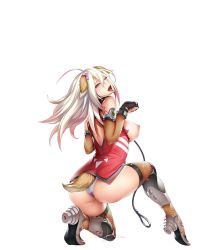 Rule 34 | 00s, 1girl, animal ears, ass, breasts, covered erect nipples, detached sleeves, dress, elbow gloves, fake animal ears, fake tail, female focus, fingerless gloves, fishnet legwear, fishnets, gloves, gradient hair, green eyes, hair between eyes, highres, holding, holding weapon, huge ass, large breasts, lilith-soft, long hair, looking at viewer, looking back, microdress, moaning, multicolored hair, nobushito kuro, open mouth, panties, pet play, pussy juice, red dress, saliva, sanada homura, shiny clothes, shiny skin, simple background, skin tight, smile, solo, sweat, tail, taimanin (series), taimanin asagi, taimanin rpgx, tongue, tongue out, underwear, weapon, white background, white hair, white panties