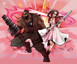 Rule 34 | 1boy, 1girl, absurdres, aerith gainsborough, bangle, bare shoulders, barret wallace, beard, black hair, black tank top, boots, bracelet, braid, braided ponytail, breasts, brown gloves, brown hair, brown vest, choker, cleavage, cropped jacket, dark-skinned male, dark skin, dog tags, dress, earrings, explosion, facial hair, facial scar, fighting stance, final fantasy, final fantasy vii, final fantasy vii rebirth, final fantasy vii remake, fingerless gloves, flower choker, full body, gloves, green pants, hair ribbon, highres, holding, holding staff, holster, jacket, james diato, jewelry, long dress, long hair, medium breasts, muscular, muscular male, open mouth, pants, parted bangs, pink dress, pink ribbon, prosthetic weapon, puffy short sleeves, puffy sleeves, red jacket, ribbon, scar, scar on cheek, scar on face, short hair, short sleeves, shoulder tattoo, sidelocks, single braid, single earring, skull tattoo, smile, staff, sunglasses, tank top, tattoo, thigh holster, torn clothes, torn sleeves, twitter username, very short hair, vest