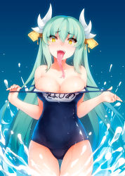 Rule 34 | 1girl, :d, aqua hair, areola slip, bare shoulders, blue one-piece swimsuit, breasts, cleavage, clothes pull, collarbone, cowboy shot, dragon horns, eyes visible through hair, fangs, fate/grand order, fate (series), forked tongue, hair between eyes, heart, heart-shaped pupils, highres, horns, kiyohime (fate), large breasts, long hair, long tongue, looking at viewer, name tag, one-piece swimsuit, one-piece swimsuit pull, open mouth, ricegnat, saliva, school swimsuit, smile, solo, swimsuit, symbol-shaped pupils, teeth, thigh gap, tongue, tongue out, very long hair, water, yellow eyes