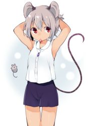 Rule 34 | 1girl, adjusting hair, akagashi hagane, alternate costume, alternate hairstyle, animal, animal ears, armpits, arms up, bad id, bad pixiv id, contemporary, gradient background, grey hair, jewelry, looking to the side, mouse (animal), mouse ears, mouse tail, mouth hold, nazrin, necklace, ponytail, red eyes, rubber band, shirt, shorts, sleeveless, solo, tail, touhou, tying hair