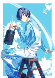 Rule 34 | 1boy, absurdres, aqua eyes, blue hair, blue shirt, border, highres, holding, holding paintbrush, ladder, long sleeves, looking to the side, male focus, one eye covered, overalls, paint, paint can, paint splatter, paint stains, paintbrush, painting (action), persona, persona 3, shirt, sitting, stepladder, tsubsa syaoin, white border, white overalls, yuuki makoto (persona 3)