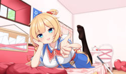 Rule 34 | 1girl, absurdres, akai haato, akai haato (1st costume), anhun, arm support, bedroom, black pantyhose, blonde hair, blue eyes, blue skirt, blurry, breasts, chair, collared shirt, commentary, curtains, depth of field, feet, finger gun, foreshortening, haaton (akai haato), hair ornament, hair ribbon, hair scrunchie, head tilt, heart, heart in eye, heart-shaped pillow, heart print, high-waist skirt, highres, hololive, indoors, katana, large breasts, long hair, looking at viewer, low twintails, lying, neck ribbon, no shoes, on bed, on stomach, one side up, open mouth, pantyhose, pillow, pointing, pointing at viewer, pov, red ribbon, ribbon, scrunchie, shirt, sidelocks, skirt, smile, soles, solo, stuffed animal, stuffed toy, sword, symbol-only commentary, symbol in eye, table, teapot, teeth, the pose, twintails, upper teeth only, virtual youtuber, weapon, white shirt, window
