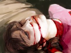 Rule 34 | 1girl, bad end, blank stare, bleeding, blood, blood on clothes, blood on face, brown eyes, brown hair, corpse, cuts, death, duplicate, guro, injury, jcm2, lips, long hair, madotsuki, non-web source, pink shirt, portrait, realistic, shirt, slit throat, solo, spoilers, suicide, teeth, yume nikki