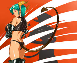 Rule 34 | 1girl, ass, bare shoulders, boots, carrera, crossed arms, demon girl, demon tail, elbow gloves, eyeshadow, gloves, halterneck, horns, leather, looking back, makeup, o/p.com, opocom, red eyes, shadow, short hair, smile, solo, tail, thigh boots, thighhighs, thighs, viper
