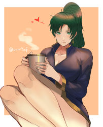 Rule 34 | 1girl, absurdres, bare legs, blush, breasts, cup, fire emblem, fire emblem: the blazing blade, green eyes, green hair, high ponytail, highres, large breasts, legs, long hair, looking at viewer, lyn (fire emblem), naked shirt, nintendo, ormille, ponytail, shirt, sitting, smile, solo