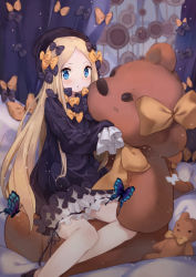 Rule 34 | 1girl, abigail williams (fate), black bow, black dress, black hat, blonde hair, blue eyes, blush, bow, coria, dress, fate/grand order, fate (series), hair bow, hat, highres, long hair, long sleeves, looking at viewer, multiple bows, orange bow, parted bangs, polka dot, polka dot bow, sleeves past fingers, sleeves past wrists, solo, stuffed animal, stuffed toy, teddy bear, very long hair
