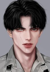 Rule 34 | 1boy, artliyah, black hair, chest harness, collared shirt, eyelashes, grey background, harness, highres, levi (shingeki no kyojin), looking at viewer, male focus, parted lips, portrait, scar, scar across eye, scar on face, shingeki no kyojin, shirt, short hair, simple background, solo, tongue, twitter username, watermark, white shirt